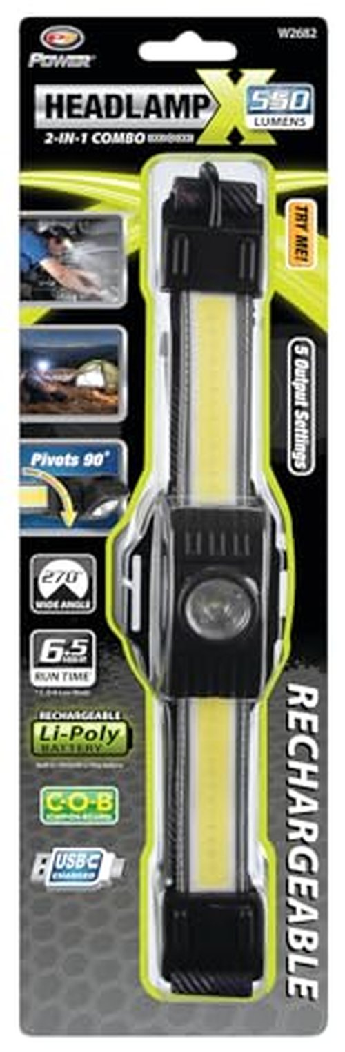 Performance Tool W2682 550LM Strip & Spot Headlamp - Rechargeable COB Technology - Adjustable Strap, 5 Output Settings