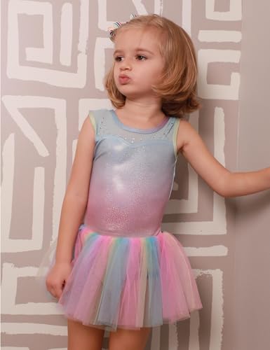 Girls Ballet Leotard with Skirt Dance Costume - Shiny Rainbow 4-5T