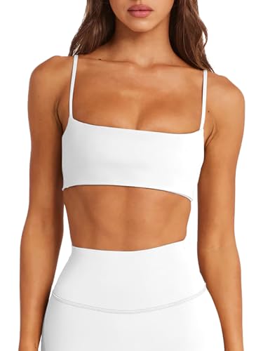 LASLULU Womens Spaghetti Straps Sports Bra Square Neck Workout Crop Top - Small White