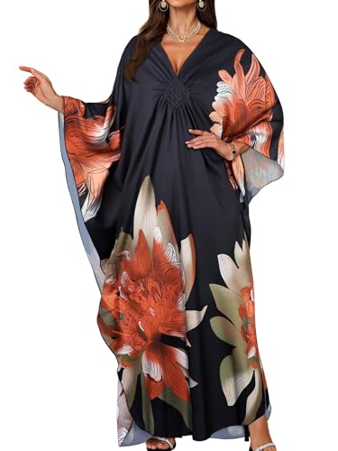 Kaftan Dresses for Women V Neck Caftans Batwing Sleeve Beach Cover Ups - Orange Green Floral