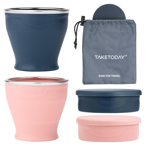 TakeToday 2PCS Collapsible Travel Cup - Silicone Foldable Water Cup, BPA-Free with Lid & Waterproof Bag - Drinking Cup Set for Camping, Outdoors & International Travel£¨8 Oz, Navy & Lowcountry Peach£©