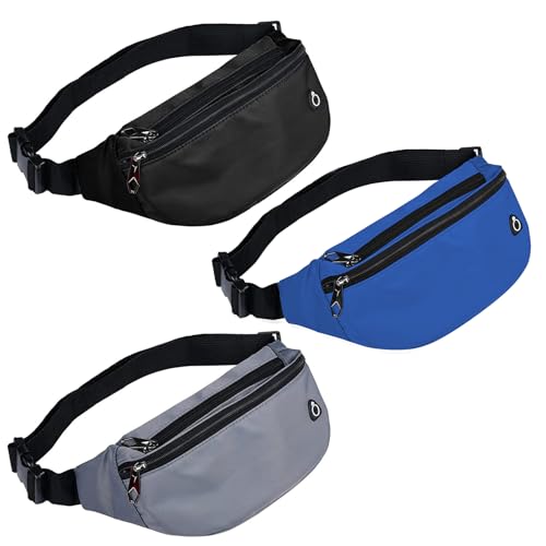 Water-Resistant Sport Waist Pack Bag for Men and Women 3-Pack - Black, Grey, Royal Blue