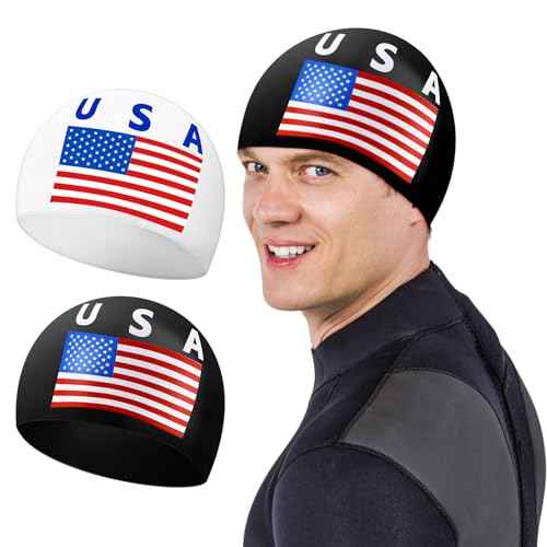 USA Silicone Swim Cap Unisex Adult Waterproof Swimming Hat Non Slip Pool Hat Elastic Silicone Cap for Long and Short Hair