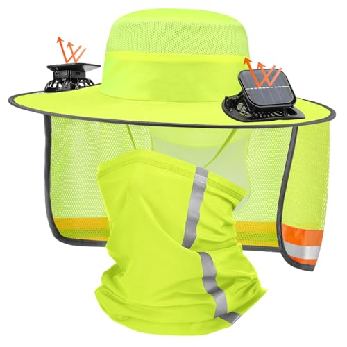 Fan Hat with 2 USB Fans Wide Brim Neck Flap - Yellow
