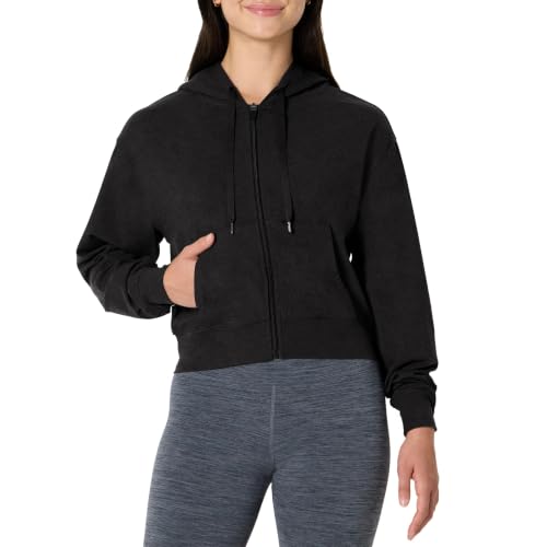 Women's Athletic Lightweight Cropped Zip Up Hoodie - Medium, Space Dye Black