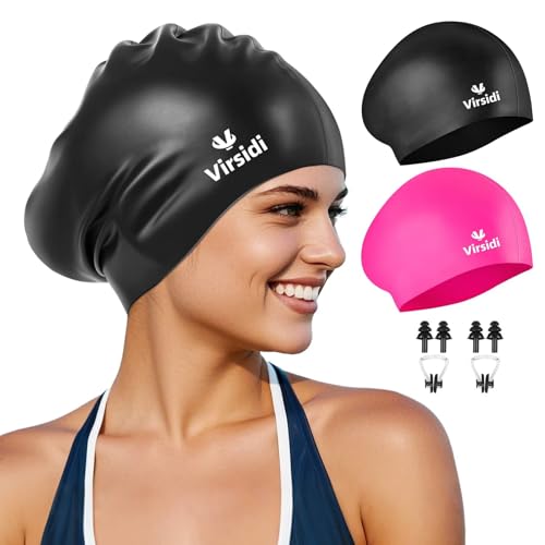 2 Pack Swim Cap for Women Men Adult, Silicone Swimming Caps for Short Long Hair, Waterproof Swim Hats Bathing Caps to Keep Hair Dry with Nose Clip and Earplugs