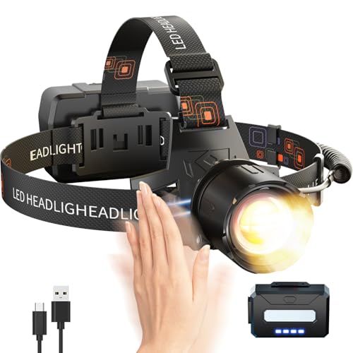 SKYFIRE Rechargeable Headlamp High Lumens, 7500mAh Motion Sensor LED Head Lights for Forehead with Zoomable, 13 Modes, 90¡Æ Adjustable Headlamps, Waterproof Head Lamp for Adults, Hunting, Fishing