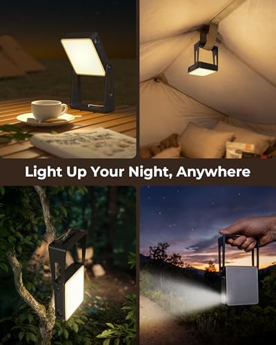Black Portable LED Camping Light with 3 Modes, Dimmable, 4000mAh Rechargeable Lantern with 360° Rotatable Stand, 2-in-1 Emergency Flashlight for Hiking, Home Power Outages