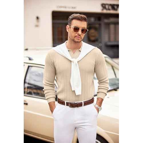 COOFANDY Mens Sweaters Polos Long Sleeve V Neck Knit Polo Lightweight Casual Pullover Sweater