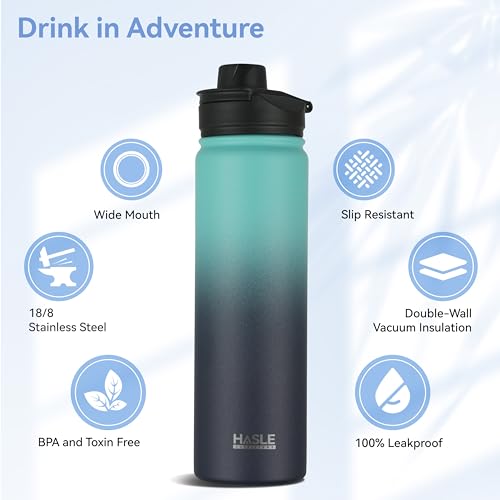Insulated Water Bottle 22 oz with Wide Mouth, Straw & Spout Lids - Green Blue Gradient