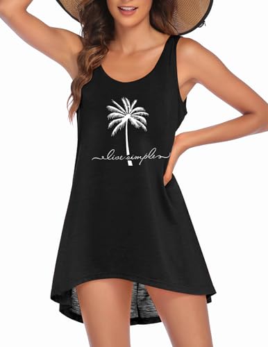 Ekouaer Women's Sleeveless Beach Cover Up Dress - Black Coconut Palm, Large