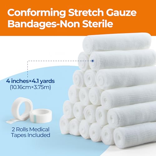 Gauze Rolls Bandages, Conforming Stretch Gauze Bandage 4 Inch, 24 Rolls Individually Wrapped 4" x 4.1yds Includes Medical Tape