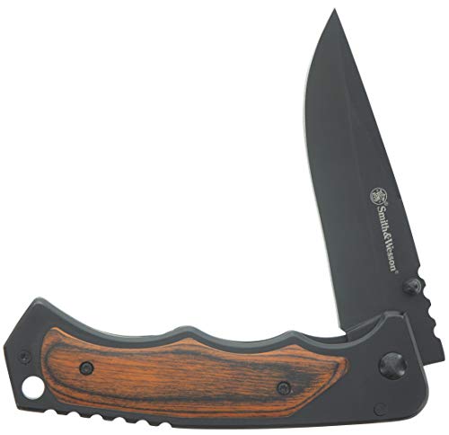 Smith & Wesson 8.5in Folding Knife with Drop Point Blade, Wood & Stainless Handle, Box