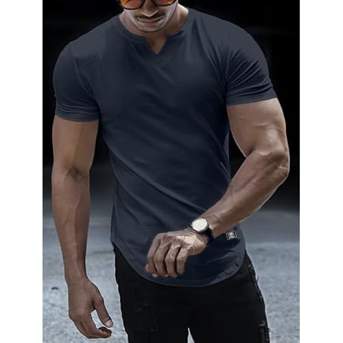 PLEPAN Mens Muscle T Shirts V Neck Short Sleeve Henley Shirt Hipster Longline Gym Workout Athletic Tee Shirts