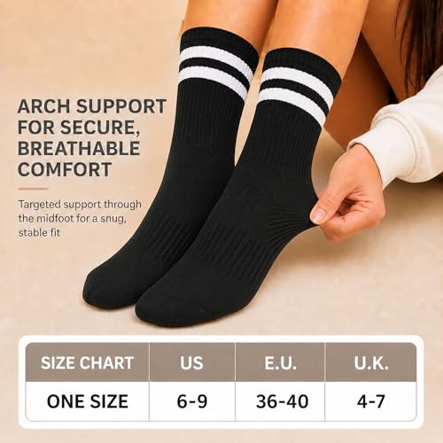 KONY Women's Cotton Pilates Grip Socks - Yoga & Barre Crew Socks, Black, 3 Pairs