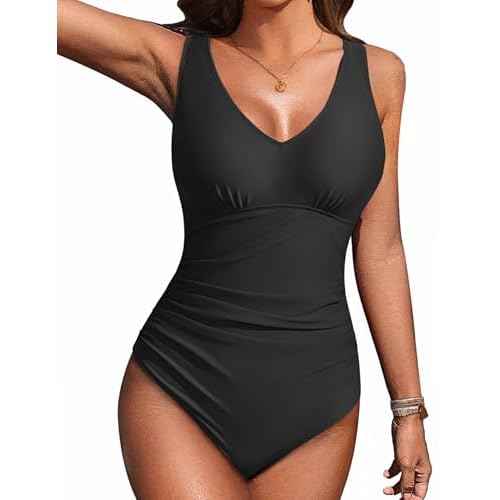 AI'MAGE Women's One Piece Swimsuit Tummy Control V Neck Ruched Bathing Suits Adjustable Straps Monokini Cross Back Swimwear