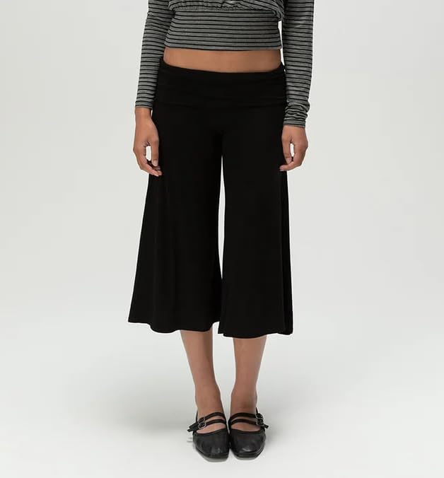 Women Foldover Gauchos Pants Small Black Wide Leg Culottes Cropped Bottom