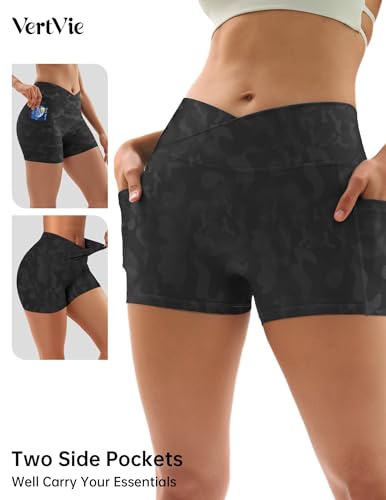 Vertvie High Waisted Crossover Gym Shorts 3-Inch Inseam Camouflage Grey XX-Large