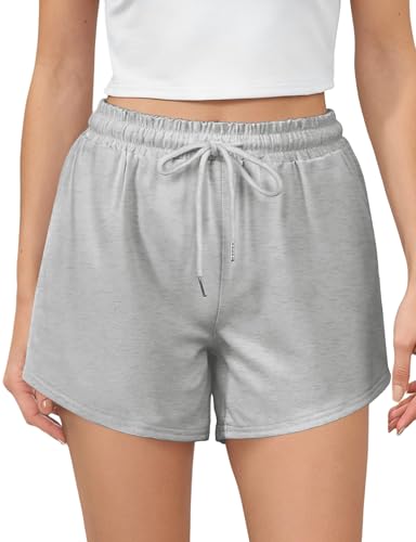Women's Sweat Shorts with Pockets High Waist Drawstring Cotton Blend Gym & Yoga Bottoms - Grey / Medium