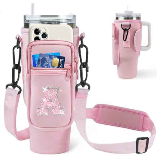 Unique Christmas Birthday Gifts for Women Her Initial Water Bottle Carrier Bag with Phone Pocket for Stanley 40oz Tumbler Stanley Cup Accessories Water Bottle Holder Pouch with Strap Pink A