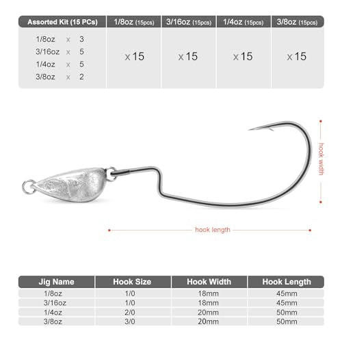 Assorted 15 Pack Weighted Texas Rig Hooks for Bass & Freshwater Fishing