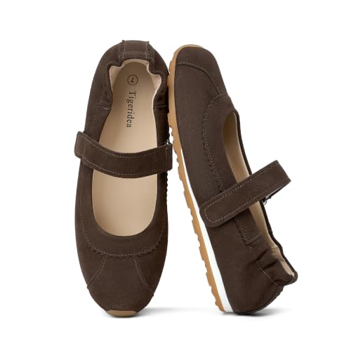 Tigeridea Mary Jane Ballet Sneakers Women Flat Dressy Casual Shoes - Chocolate Suede