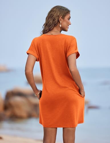 Women's Beach Coverup T-Shirt Dress with Pockets - Orange Medium