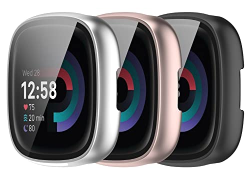 3 Pack Fitbit Versa 4 & Sense 2 Screen Protector Cases - Black, Silver, Rose Gold