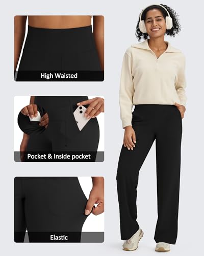 Women's Wide Leg Yoga Pants with Pockets - Medium Black - BareFeel G4Free