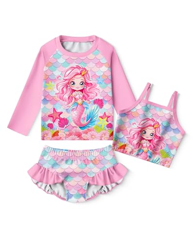 Girls Rash Guard Set Long Sleeve Swimsuit Tankini Bathing Suit 3 Pieces - 9-10 Years Mermaid Style