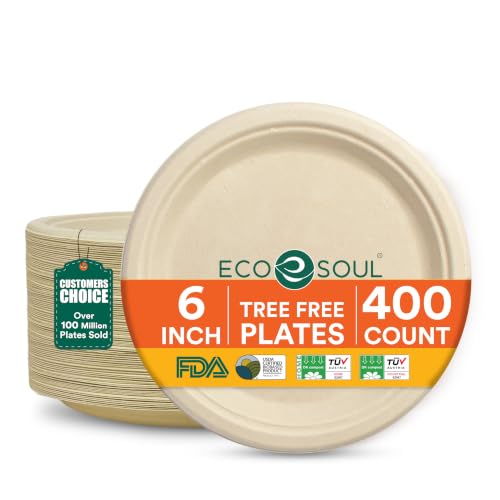 Eco Soul 6-Inch Disposable Bagasse Paper Plates 400 Pack Natural