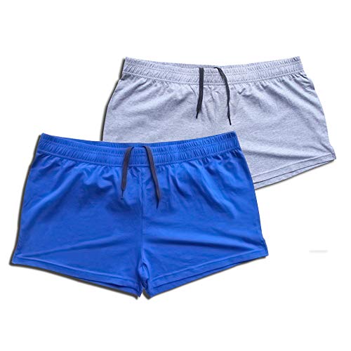 Men's Fitness Gym Shorts Cotton Workout Shorts - Medium Blue+Gray 2PCS