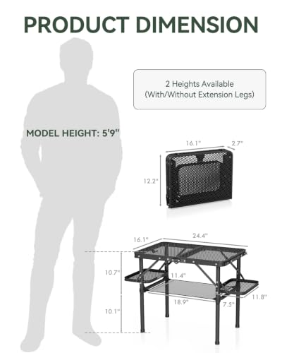 Titanker Small Folding Camping Grill Table with Black Mesh & Storage Net - Portable 2ft Picnic Table with Side Racks & Heatproof Mesh Top