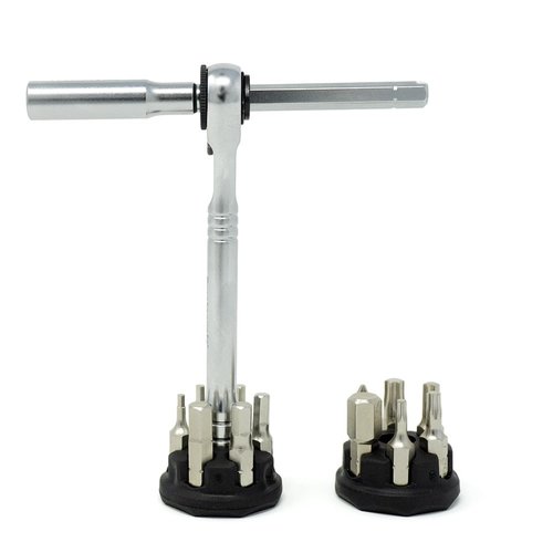 Prestacycle Pro T-Handle Ratchet Kit with (12) S2 Bits and (2) Round Bit Holders – Compact Desktop/Benchtop 3-Way Ratchet Tool, Reversible Thumb-Wheel, 60Nm Heavy-Duty Torque