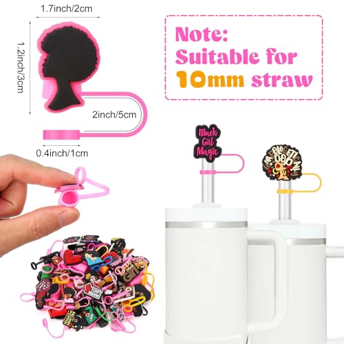 50 Pcs Pink Black Girl Straw Cover Caps Compatible with Stanley Cup, Silicone Cute Reusable Straw Toppers compatible with Stanley Cup Accessories 10mm