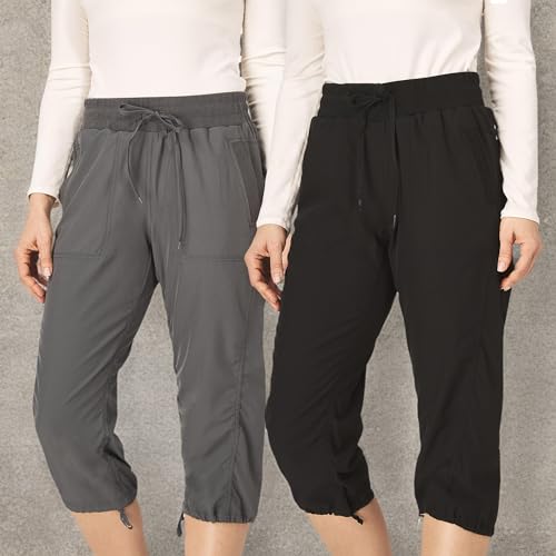 Ultra Performance Women's 2-Pack Capri Pants for Hiking & Casual - Large Black & Charcoal