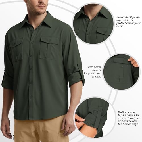 Men Sun Protection Safari Fishing Shirts Long Sleeve UPF50+ UV Lightweight Quick Dry Hiking Travel Army Green X-Large