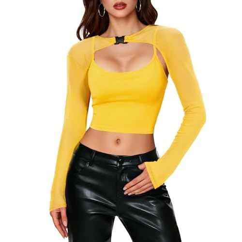 Zando Mesh Crop Tops for Women - Sexy Rave Outfits for Women Beloro Shurg See Through Top Sheer Long Sleeve Arm Cover Up