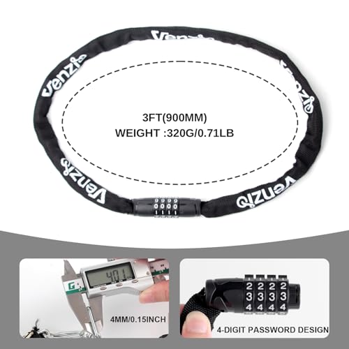 Venzio 4-Digit Combination Bike Chain Lock 4mm 3ft Anti-Theft Security