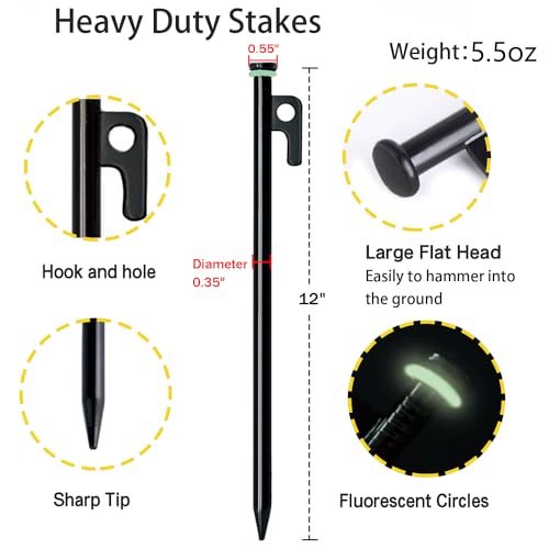12-Pack Heavy Duty Tent Stakes with Hammer and Storage Pouch - 12in Forged Steel Camping Stakes for Rocky and Hard Surfaces