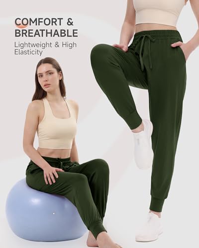 Women's Olive Green Joggers with Pockets - Lightweight Athletic Lounge Pants, 27" Inseam, X-Large