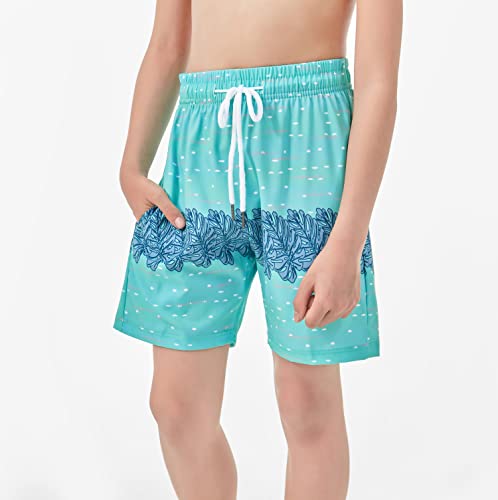 Boys Swim Trunks with Boxer Brief Liner - Blue Big Leaf, Quick Dry, 7-8 Years