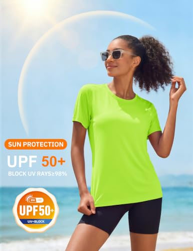 Women's Workout Tops Short Sleeve Rash Guard UPF 50+ Quick Dry Sun Protection Fluorescent Green Medium