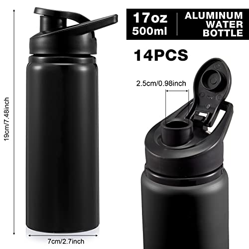 14 Pack Aluminum Water Bottles 17 oz Reusable Sport Water Bottles with Leakproof Snap Lid - Black