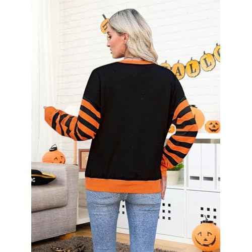 NANYUAYA Halloween Sweatshirts for Women Cute Spooky Season Pullover Long Sleeve Graphic Tops Casual Crewneck Striped Shirts