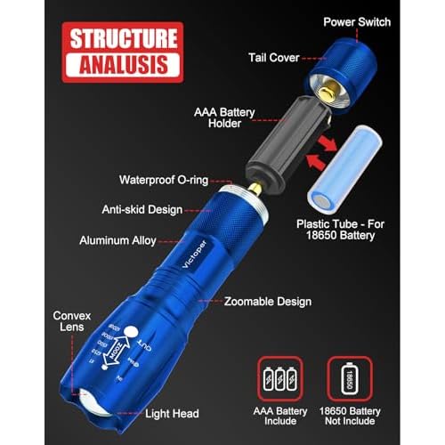 Victoper LED Flashlight 2 Pack Blue, Bright High Lumens Tactical Flashlights High Lumens with 5 Modes, Waterproof Zoomable Flash Light for Outdoor, Gifts for Father's Day Camping Essentials Gear