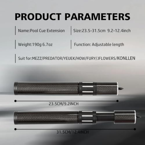 Black Carbon Fiber Pool Cue Extender with Adjustable Length and Bumpers