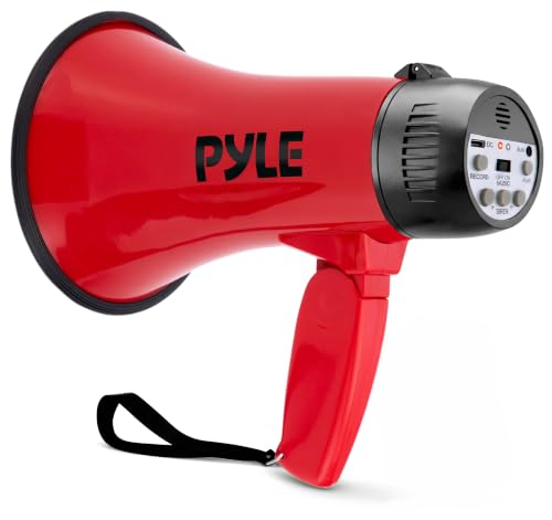 Pyle Rechargeable Bullhorn Megaphone with Voice Recording, AUX, Siren - Deep Red