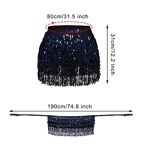Black Sequin Tassel Hip Scarf for Belly Dance Women - 12 Inches