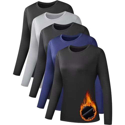 5 Pack Long Sleeve Thermal Shirts for Women Ultra Soft Fleece-Lined Crew Neck Workout Baselayer Tops